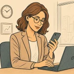 A manager is doing her daily tasks, holding a smartphone in her hand.