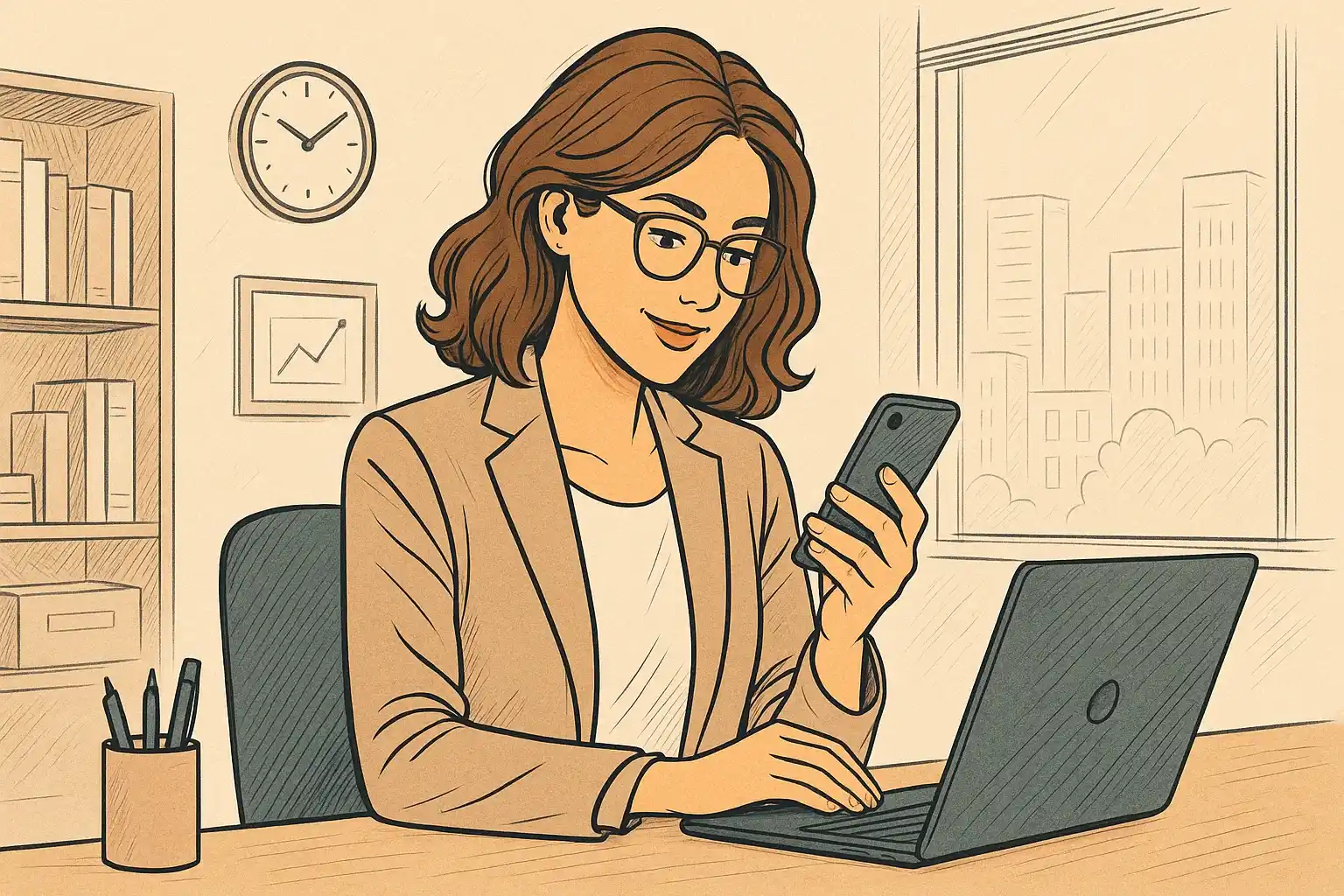 A manager is doing her daily tasks, holding a smartphone in her hand.