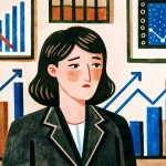 a woman in an office suit looks at the charts that are falling