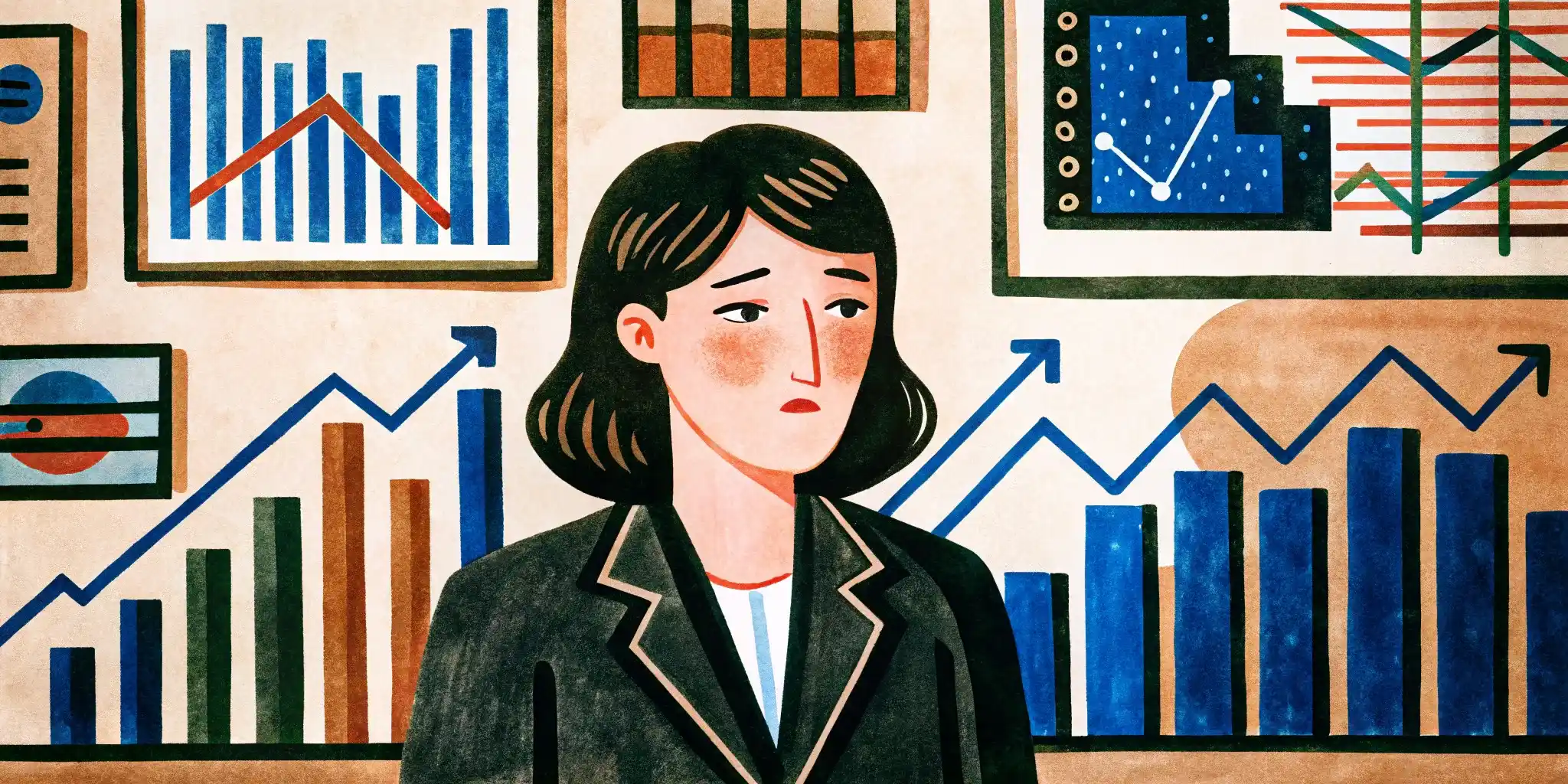 a woman in an office suit looks at the charts that are falling