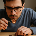 A young man in glasses examines a Lincoln cent with tweezers under soft light, focusing on the details that may reveal a genuine doubled die variety.