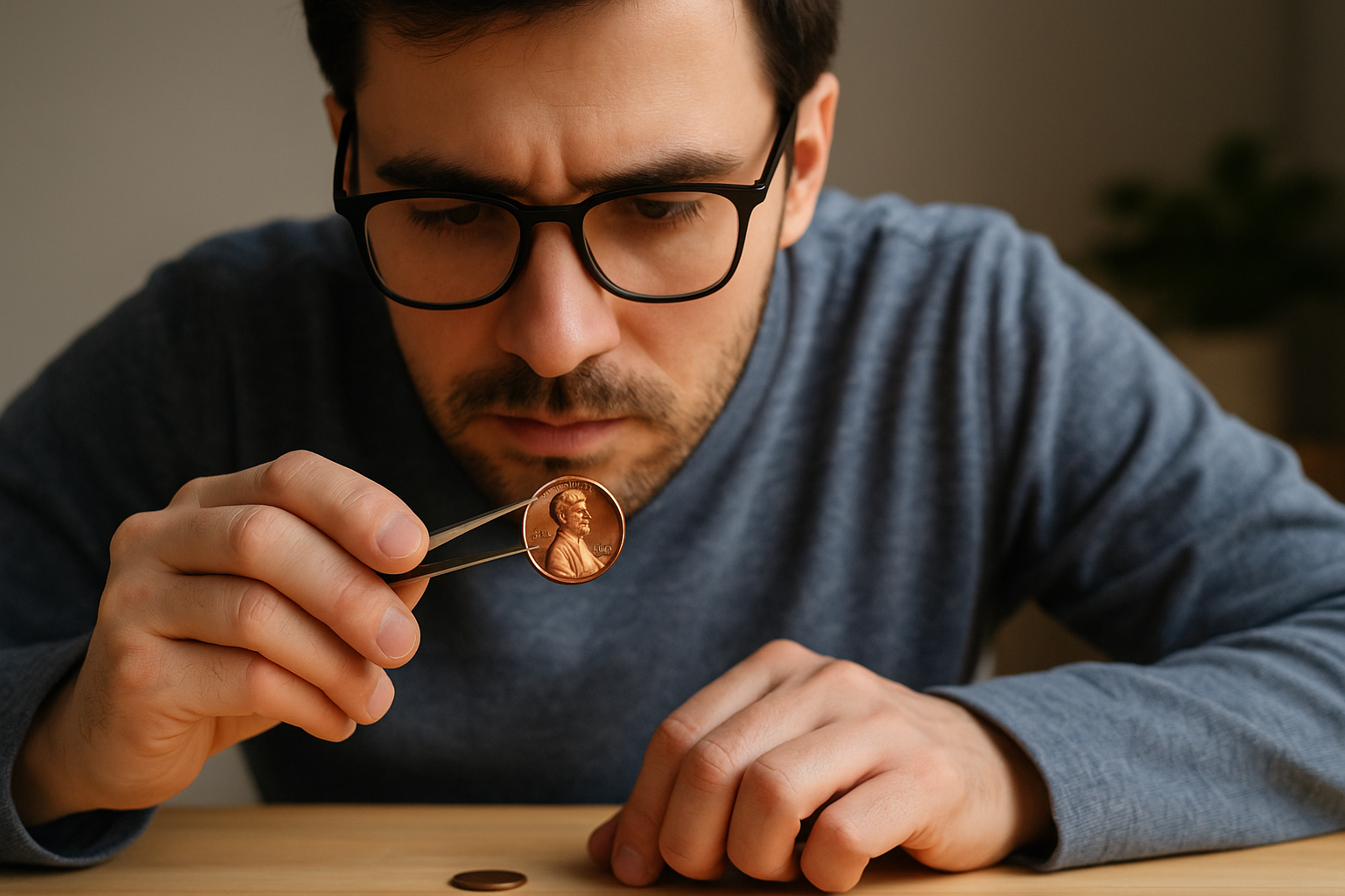 A young man in glasses examines a Lincoln cent with tweezers under soft light, focusing on the details that may reveal a genuine doubled die variety.