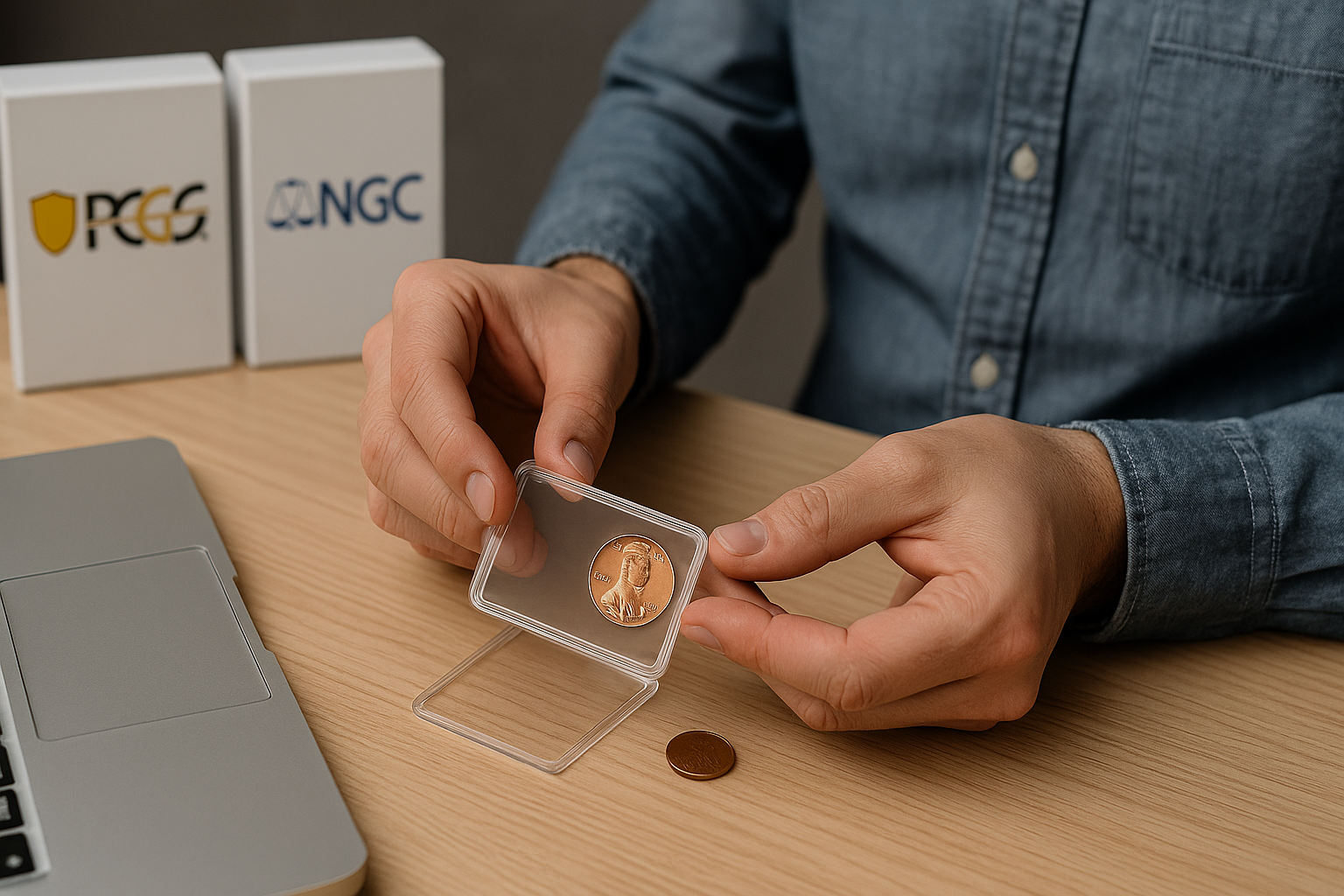 A collector carefully places a 1972 Lincoln cent into a clear holder before sending it to NGC or PCGS for grading.