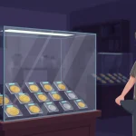 showcase with collectable US coins and a man holding an empty pocket
