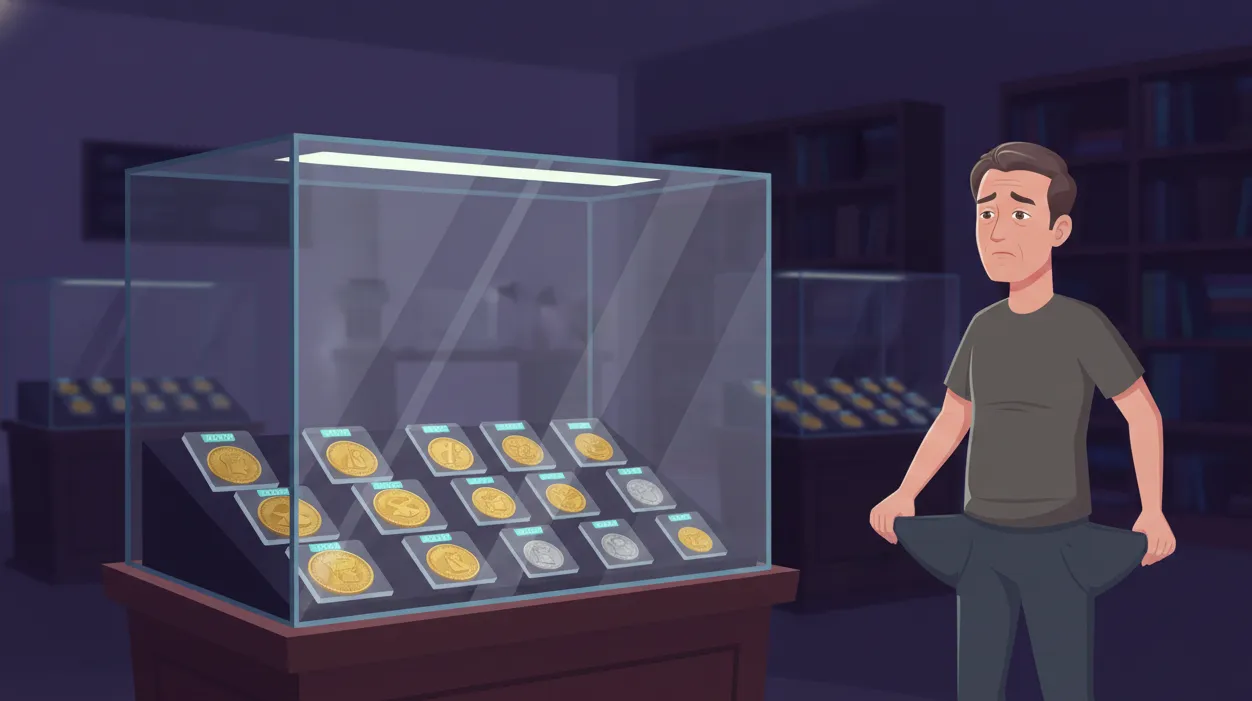 showcase with collectable US coins and a man holding an empty pocket