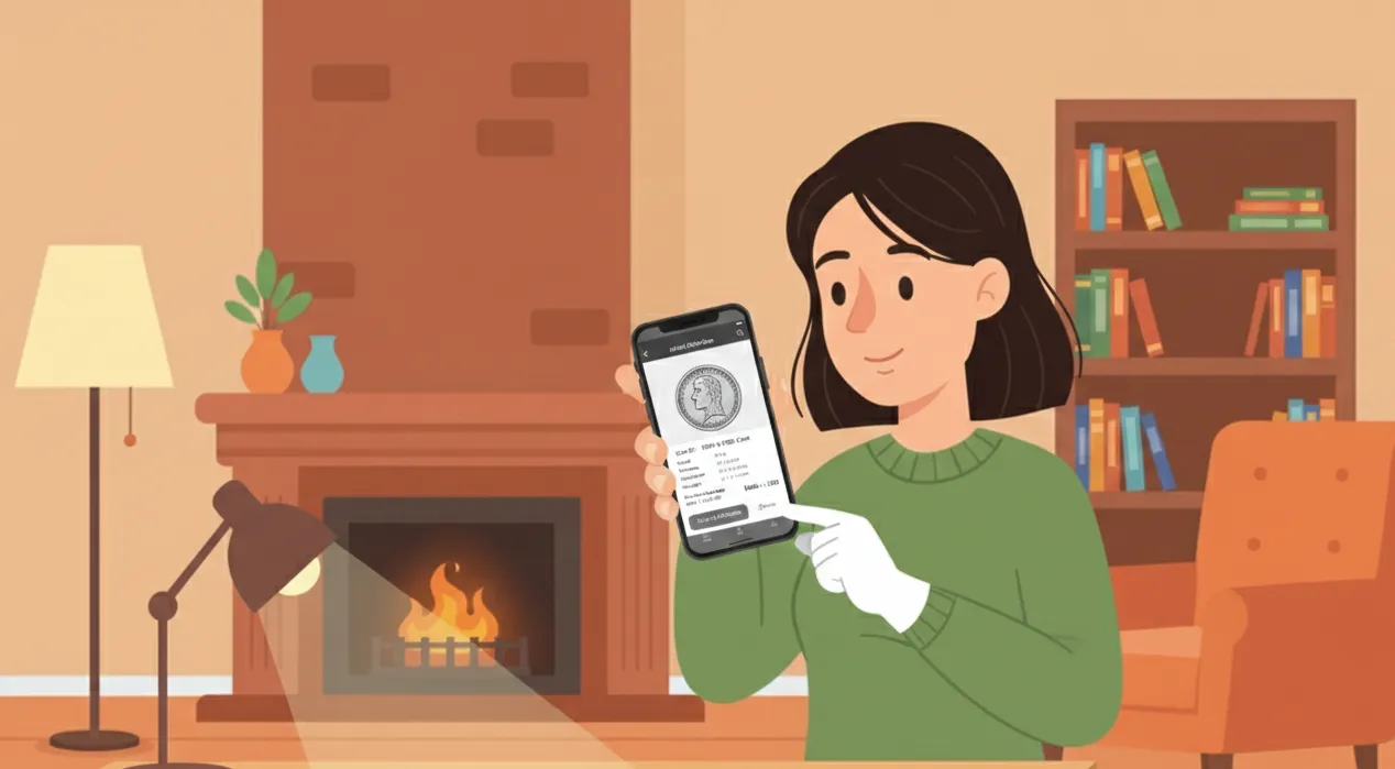 woman checks the coin via a phone app