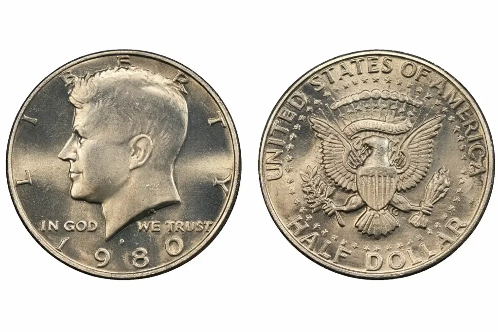1980-P Kennedy half dollar obverse and reverse design on the white background.