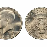 1980-P Kennedy half dollar obverse and reverse design on the white background.