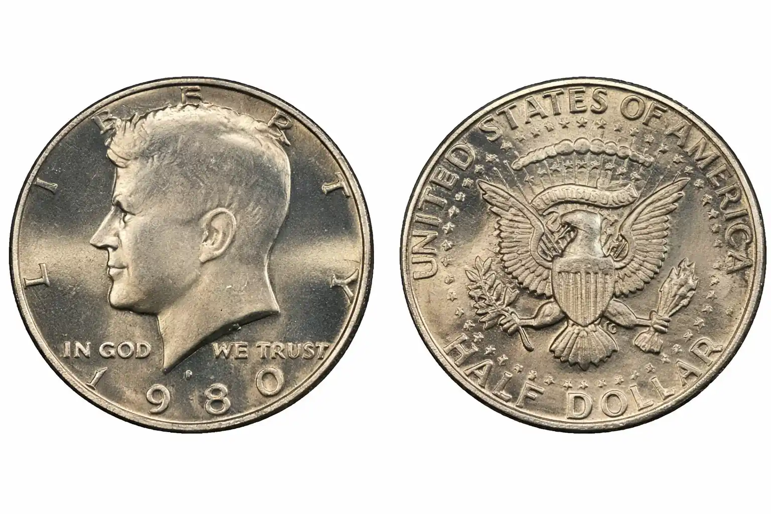 1980-P Kennedy half dollar obverse and reverse design on the white background.